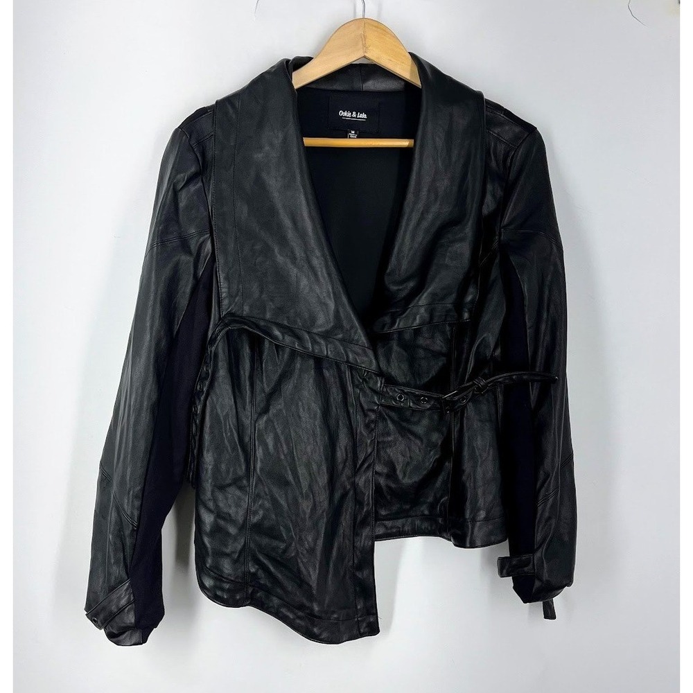 Ookie‎ & Lala Womens Black Faux Leather Asymmetrical Mixed Media Jacket Size M
